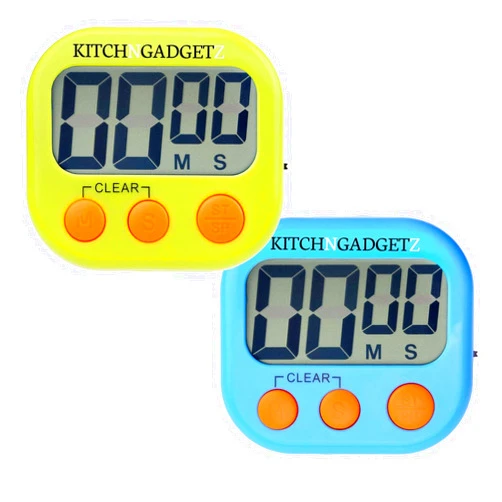 Kitch N Gadgetz Digital Kitchen Alarm Clock with Countdown Timer - Set of 2 - Fresh Blue and Green - Large LCD Display - Buttons for Minutes and Seconds + Start and Stop - Very Easy to Use - Magnet and Tabletop Stand