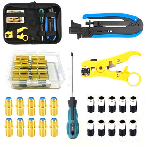 Gaobige Coax Cable Crimper Tool Kit, Coaxial Compression Tool for rg6 rg59 rg11, Wire Stripper, 10pcs rg6 F Male Connectors, 10pcs rg6 Female to Female Connectors, Screwdriver