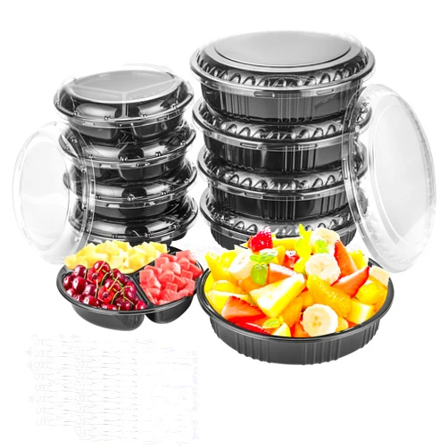 WEQNNM 10 Pcs Plastic Appetizer Tray with Lid - Heavy Duty,Recyclable 7.5 and 9.5 in. Veggie Fruit Snacks Trays Disposable Food Serving Platters for Party and Buffet with 100 Forks