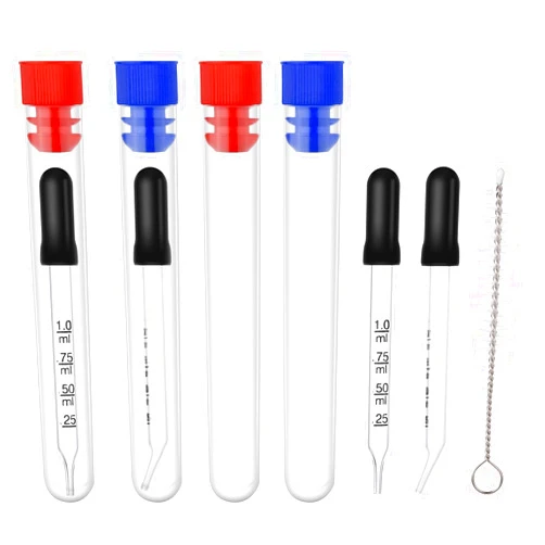 PEUTIER 4pcs 1ml Dropper, Eye Dropper Glass with Measurements Bent & Straight Tip, Calibrated Pipettes Dropper with Rubber Head Liquid Accurate Dropper for Essential Oils, Ear, Laboratory, with Brush
