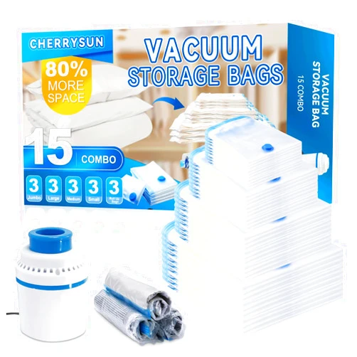 CHERRYSUN Vacuum Storage Bags With Electric Pump,15 Pack Vacuum Seal Bags for Clothing (3 Jumbo,3 Large,3 Medium,3 Small,3 Roll Up) Space Saver Vacuum Bags for Travel,Clothes,Luggage,Blanket,Comforters