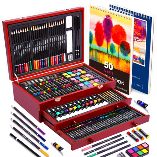 Color More 175 Piece Deluxe Art Set with 2 Drawing Pads, Acrylic Paints, Crayons, Colored Pencils Set in Wooden Case, Professional Art Kit, for Adults, Teens and Artist, Paint Supplies