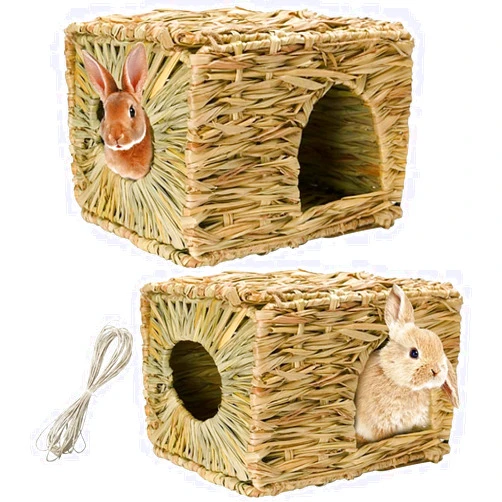 Hamiledyi 2PCS Extra Large Grass House for Rabbit, Edible Bunny Hut Natural Grass Woven Foldable Pet Play Hideaway Hay Mat Chew Toys for Guinea Pig Hamster Chinchilla, Safe Cozy Sleep