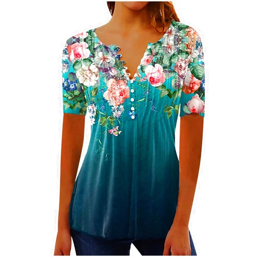 SMIDOW Summer Tops for Women 2025 Trendy Boho Floral Print Tunic Shirts Short Sleeve Button v Neck Tshirt Casual Loose Blouse