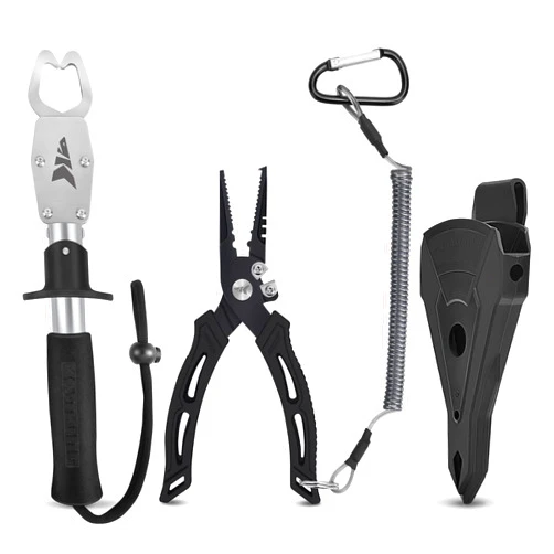 KastKing Fishing Pliers, Fish Lip Gripper or Fish Scale Combo Saltwater Resistant Fishing Tools, Fishing Gear with Rubber Handle, Lanyard, Line Cutter Hook Remover with Sheath, Ice Fishing Gift Men