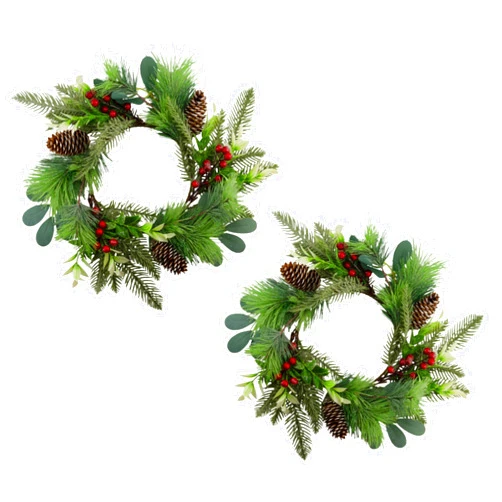 AuldHome Design Christmas Greenery Candle Wreaths (2-Pack, Evergreen); Holiday Winter and Wedding Decor Candle Rings