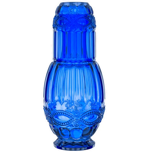 Elle Decor Bedside Water Carafe with Tumbler | 33Ounce Pitcher and Matching Drinking Glass | Use Cup as a Lid for Carafe | For Guest Room, Nightstand, Office, or Gift | Blue