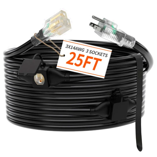 PlugSaf 25 FT Outdoor Extension Cord with Multiple Outlets, 14/3 Gauge Heavy Duty Extension Cord Evenly Spaced 3 Outlets Plugs Black with Lighted Waterproof, 15AMP 1875W 125V 14AWG SJTW, ETL Listed.