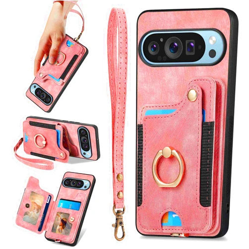 JanCalm for Pixel 9 Pro XL Phone Case,Card Holder Wallet Ring Stand,RFID Blocking,Wrist Strap,Leather Protective Flip Cases Cover for Google Pixel 9 Pro XL 2024 (Pink)