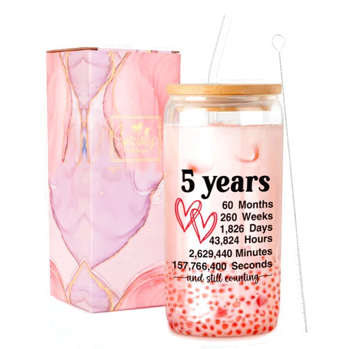 JoycuFF 5 Years Anniversary Wedding Gifts 5st Romantic Gifts for Wife or Girlfriend Nice Gifts for Anniversary Wedding Christmas Valentine's Day Fancy Gifts For Her 16oz Glass Cup