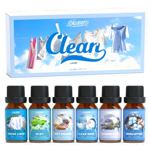 SALUBRITO Clean Fragrance Oils Set, Premium Essential Oils Set for Diffuser, Candle, Soap Making, Fresh Cotton, Clean Home, Fresh Linen, Soft Powder, Blossom Soap, Mint, Strong Scented Oils