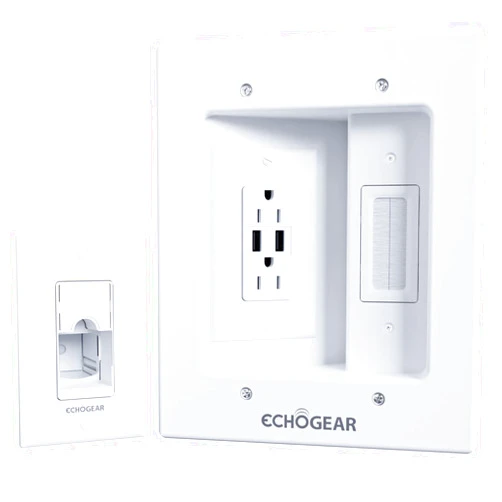 ECHOGEAR TV Wall Mount Cord Hider With AC Outlets & USB Ports - Hide Cables Behind The Wall - Includes Template, Saw, & Extension Cord - White