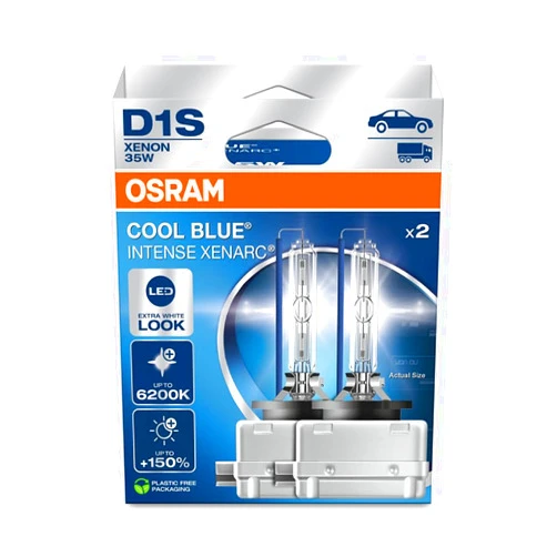 Osram XENARC® Cool Blue Intense D1S, +150% more brightness, up to 6,200K, xenon headlight lamp, LED look, hanging folding box (2 lamps)