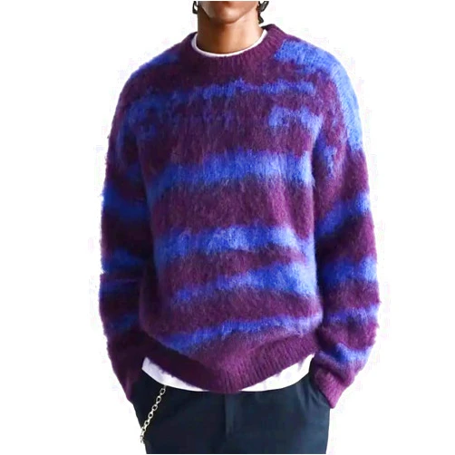 VerDde Vintage Jacquard Sweater Fall Outfits Furry Round Neck Long Sleeve Oversized Knit Pullover Tops Men's Mohair Sweater