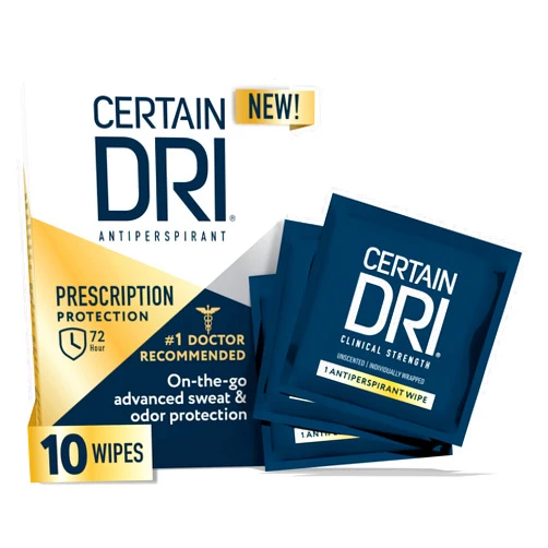 Certain Dri Antiperspirant Wipes for Excessive Sweating and Hyperhidrosis, Clinical Strength Protection Against Odor and Perspiration Lasting 72 Hours, Travel Friendly, Dermatologist Recommended, 10ct