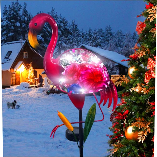 WUFEILY Solar Garden Lights, Glass & Metal Flamingo Solar Garden Decor Solar Pathway Lights Solar Garden Stakes Decorative Yard Art Yard Decor Waterproof for Patio Lawn Courtyard