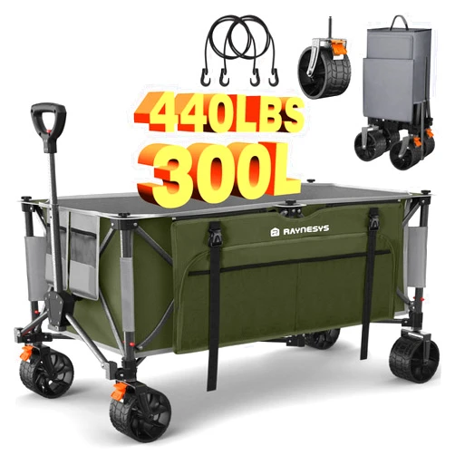 Raynesys Collapsible Wagon Cart with Wheels Foldable, 440lbs 300L Heavy Duty Folding Wagon, Foldable Wagon for Sports Beach Grocery Camping - Upgraded Effortless Elegance, Green/Grey