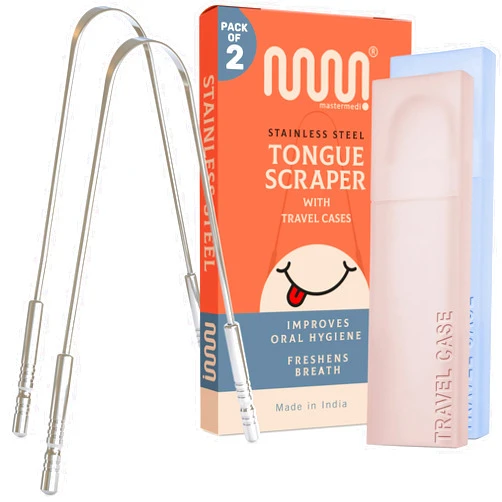 MasterMedi Tongue Scraper for Adults with Multicolor Travel Cases (2 Pack), 100% Stainless Steel, Reduce Bad Breath, Tongue Scrubber, Easy to Use, Tongue Cleaner for Oral Care & Hygiene