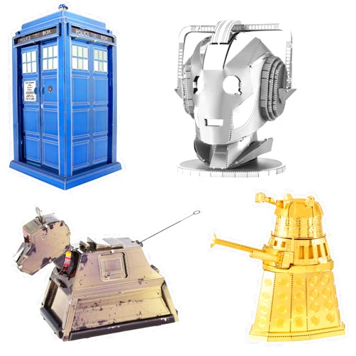 Metal Earth Fascinations 3D Metal Model Kits Dr Who Set of 4 - Tardis - Gold Dalek - Cyberman Head - Rusty K-9