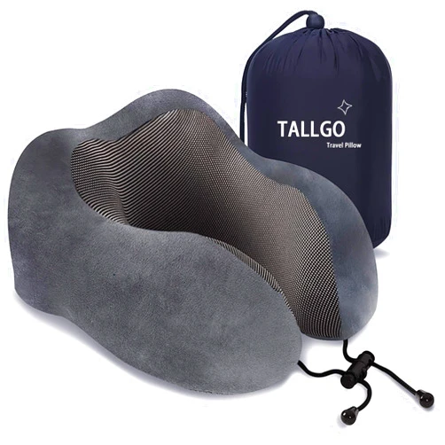 TALLGO Travel Pillow, Best Memory Foam Neck Pillow Head Support Soft Pillow for Sleeping Rest, Airplane Car & Home Use (Grey)