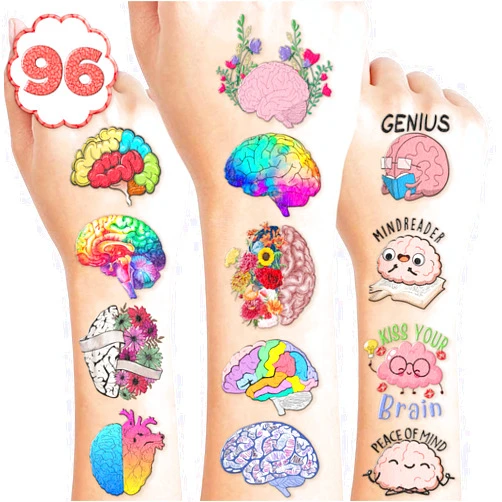 Frawharmone 100PCS Cute Brain Temporary Tattoos Stickers Themed Birthday Party Favors Decorations Supplies Funny Human Anatomy Body Part Tattoo Sticker Gifts For Boys Girls Hunter School Prizes Carnival Christmas