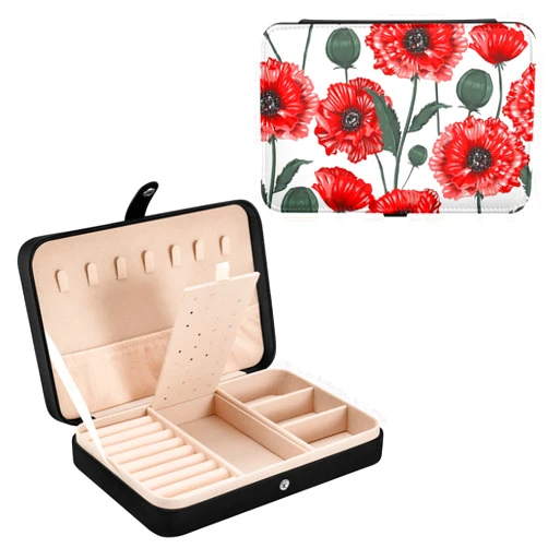 DOMIKING Blooming Red Poppy Flowers PU Leather Jewelry Box Ring Necklace Organizers Gift for Women Girls Travel Jewelry Storage Display Case for Bracelet Ring Earring Necklace