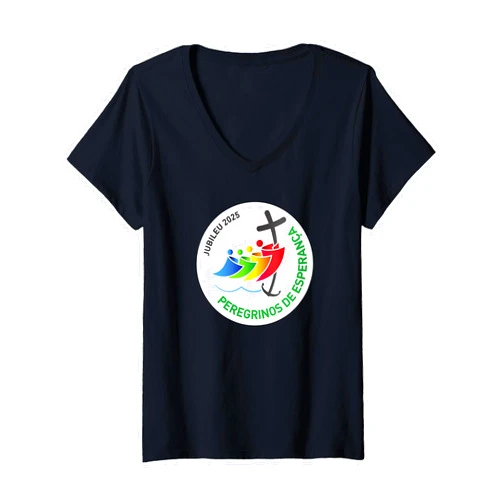 VISITE NOSSA LOJA - Jubileu Católico 2025 Womens (PORTUGUESE) Jubileu Católico 2025 – Peregrinos da Esperança V-Neck T-Shirt