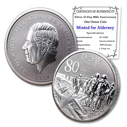 MINT STATE GOLD 2024-1 oz Alderney .999 Silver D-Day 80th Anniversary Coin Brilliant Uncirculated with Certificate of Authenticity 1 Troy ounce £1 Seller BU