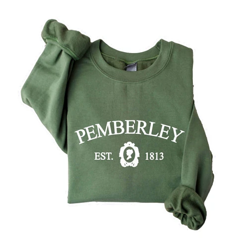 Signature T-Shirtz Pemberley Sweatshirt, Jane Austen Sweatshirt, Pride and Prejudice, Jane Austen Gifts, Bookish Gift Sweatshirt, Mr Darcy, Elizabeth Bennet (M, Military Green)