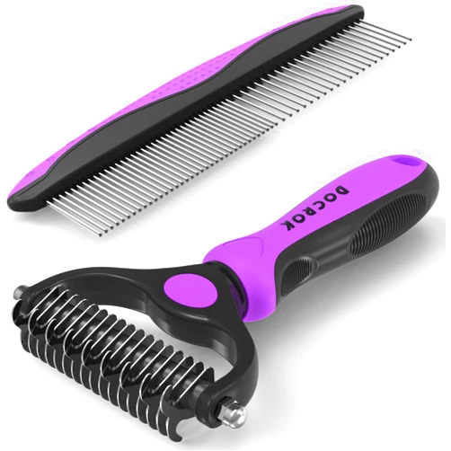 Docrok Pet Grooming Brush and Metal Comb Combo - Undercoat Rake for Dematting and Deshedding Long Matted Haired Dogs and Cats, Purple