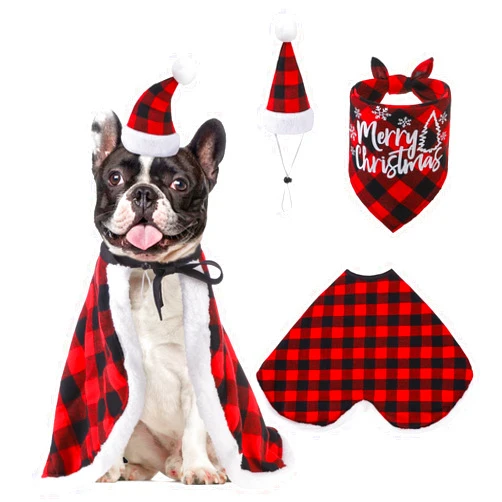 SCENEREAL Dog Christmas Outfit, Red Plaid Dog Cloak Bandanas and Hat Set, Pet Cape with Warm Fleece, Funny Puppy Xmas Costumes Holiday Outfits Clothes for Small Medium Dogs Boys Girls Cats