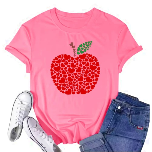 Ditcnolar Women Apple Love Print Shirt Heart Graphic Tees Funny Summer Short Sleeve Gift Tops