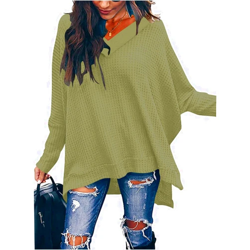 ANRABESS Women's Sweater Oversized Crewneck Long Batwing Sleeve Waffle Knit Casual Loose Split Hem Tunic Pullover Tops