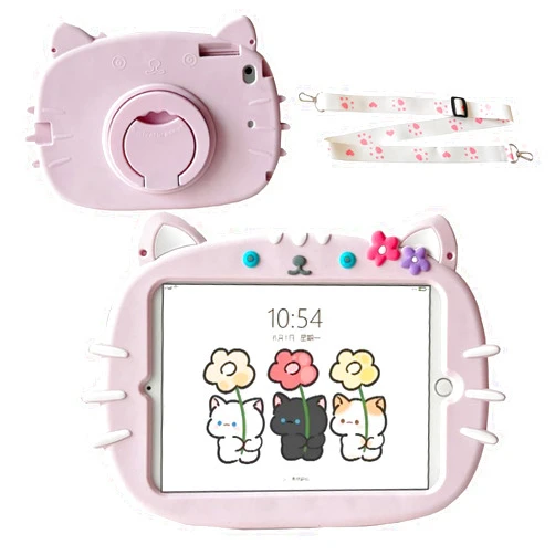 Oleaumfilter for Samsung Galaxy Tab A7 10.4 Inch Case 2022/2020(SM-T500/T505/T507) with 360° Rotating Handle Stand Strap Cute Kawaii Flower Cat Silicone Protective Tablet Cover for Kids Girls-Pink