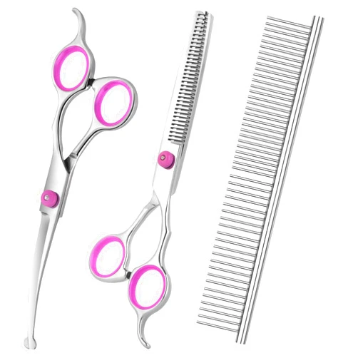 Sumcoo Dog Grooming Scissors with Safety Round Tips Stainless Steel Professional Pet Grooming scissors Kit - Thinning, Curved Scissors and Comb for Dogs Cats - Pink