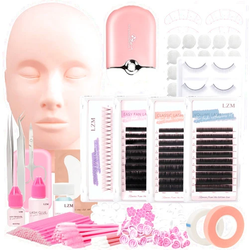 LZM Eyelash Extension Kit for Beginners, Lash Extension Supplies Tech Starter Kit with Everything Lash Mannequin Head, Individual Lashes, Lash Fan, Glue, Remover, Tweezers for Practice