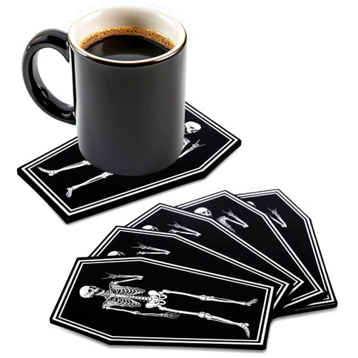 Whaline 6Pcs Halloween Skeleton Coasters Spooky Coffin Shaped Drink Coasters for Trick or Treat Party Home Kitchen Table Decor