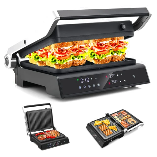 Giantex Panini Press Sandwich Maker, 3-in-1 Electric Indoor Grill, 2 Removable & Dishwasher Safe Non-Stick Plates, Drip Tray, 5 Auto Modes, Upper & Lower Independent Temperature Control, 4 H Timer