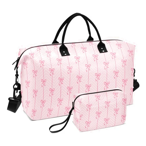 Aslsiy Travel Duffel Bags for Women Ribbons Bow Coquette Sports Duffel Bag Pink Weekender Bags Gym Bag with Toiletry Bag Carry on Overnight Bag
