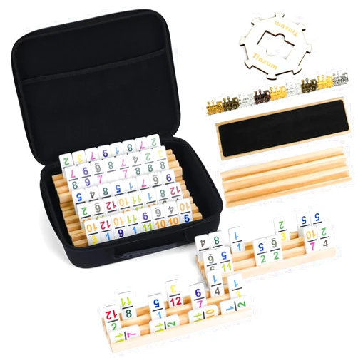 Tinzum Mexican Train Dominoes Set with Numbers Double 12, Includes 8 Tiles Racks & 9 Metal Trains & Wooden Hub & 91 Colorful Dominoes Tiles with Portable Case for Adults, Travel, Family Game Nighty