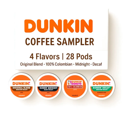 FIVEANDTWOESTORE BUNDLES Dunkin K-Cups 28-Count Variety Box: Original, Colombian, Dark Roast, Decaf - Keurig Coffee Pods Assortment with Recipe eBook