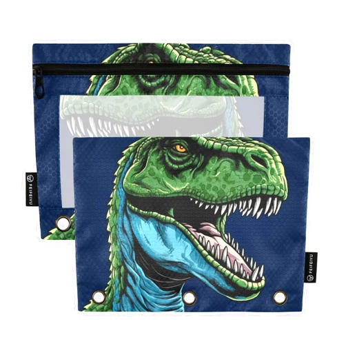 Coikll Green Dinosaur Pencil Pouch Fits standard 3-ring binders, Zipper Binder Pencil Bag with Clear Window for Office 2 Pack