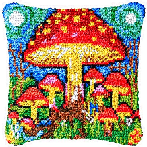 Generic Magic Mushroom Latch Hook Pillow Making Kits Cover for DIY Cushion Cross Stitch Latch Hook Pillowcase Rug Kits with Preprinted Canvas Crochet Yarn Kits Needlework Crafts 17'' X 17''(ma101)