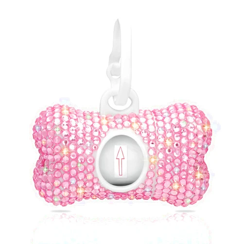 SAVORI Dog Poop Bag Holder Bling Crystal Dog Waste Bags Dispenser for Pet Dog Doggy with Carabiner Clip Includes 1 Roll 15 Bags (Pink)