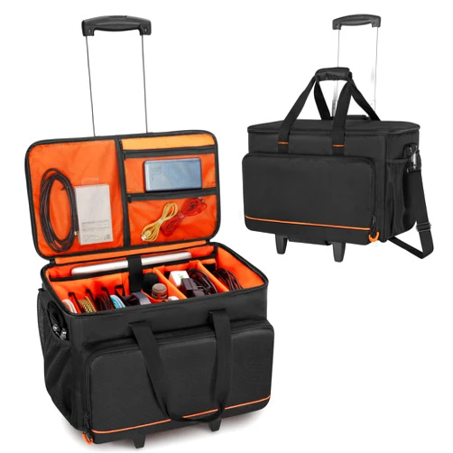 Trunab Rolling DJ Cable File Bag with Hard Padded Bottom,Detachable Dividers and Dolly,Travel Gig Bag for Professional DJ Gear, Musical Instrument and Accessories