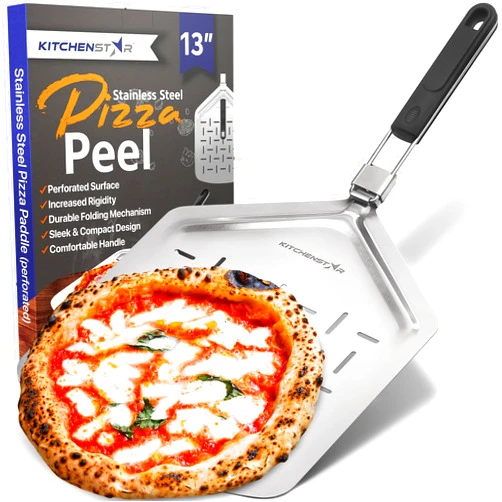 KitchenStar Perforated Pizza Peel 13 inch, Folding Handle - Stainless Steel Spatula Paddle for Effortless Pizza Transfer & Easy Storrage - Dishwasher Safe Pizza Oven Accessories