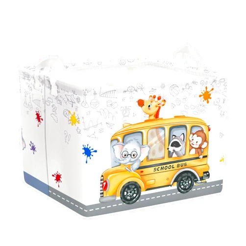 Clastyle 36L Large Back to School Bus Classroom Book Basket Study Animals Book Shelf Basket for Kids Room Nursery Collapsible Rectangle Giraffe Elephant Toy Clothes Storage Basket