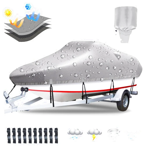 Plscoverit Boat Cover, 17'-19' Heavy Duty 1200D Polyester Canvas Trailerable Boat Covers, UV Resistant Waterproof Bass Boat Covers with Motor Cover, Fits V-Hull Tri-Hull Boat, Runabout, Fish&Ski Boat