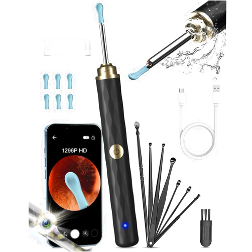 Kekoy Ear Wax Removal Camera, Ear Cleaner 1296P HD Camera, Ear Cleaning Kit with 8pcs Ear Set, Wireless WiFi Otoscope with 6 Lights, Rechargeable Earwax Removal Tool Kit for Adult & Kid(Black)