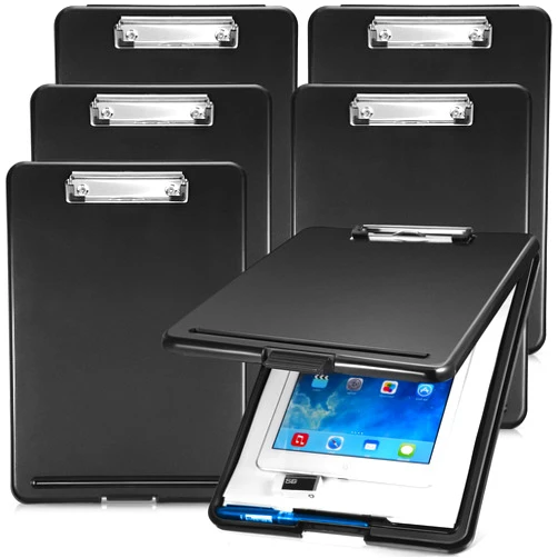 Chinco 6 Pieces Plastic Foldable Nursing Storage Clipboard Compartment Clipboard Storage with Metal Clip, 9.5 x 13.5 Inch (Black)